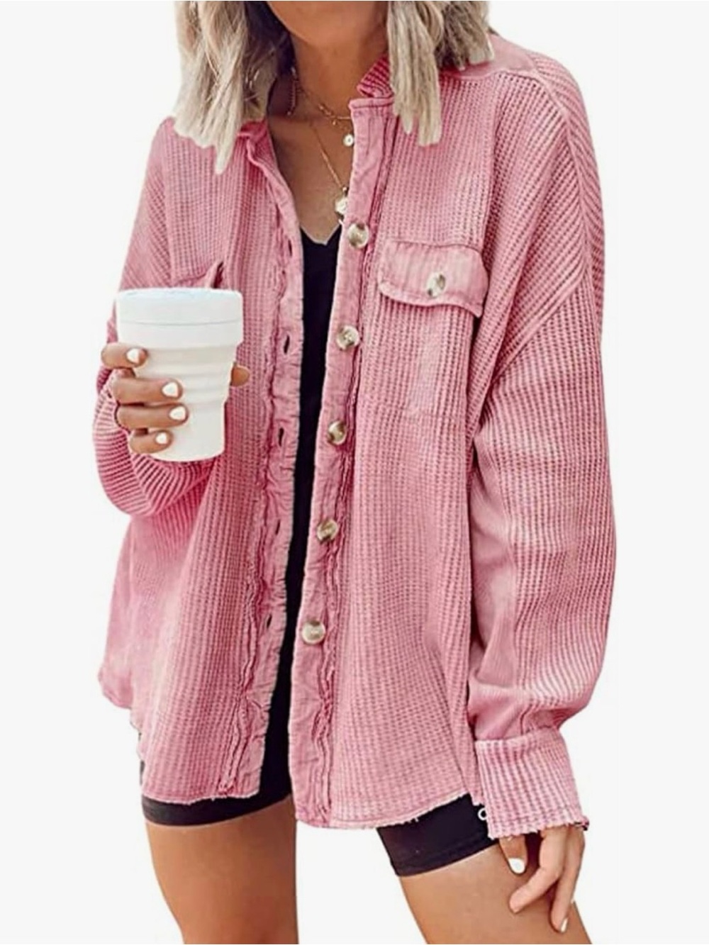 Waffle Knit Button-Front Shirt Jacket in Dusty Rose